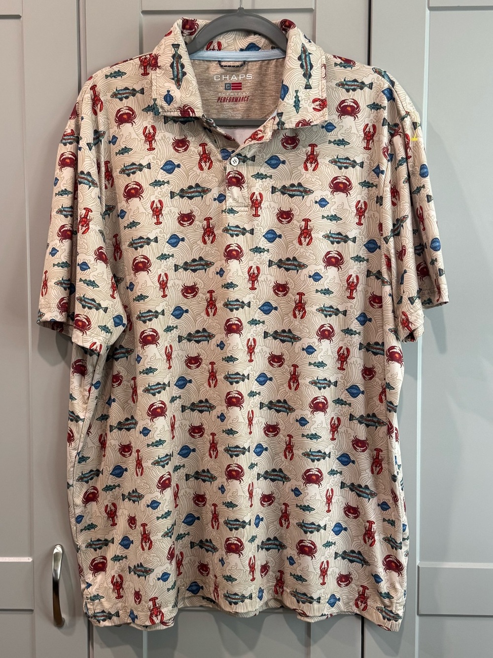 Chaps Cream Polo with Red Lobster & Blue Fish Print